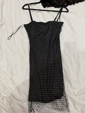 Lavish Black Beaded Mini Dress with Fringe Hem